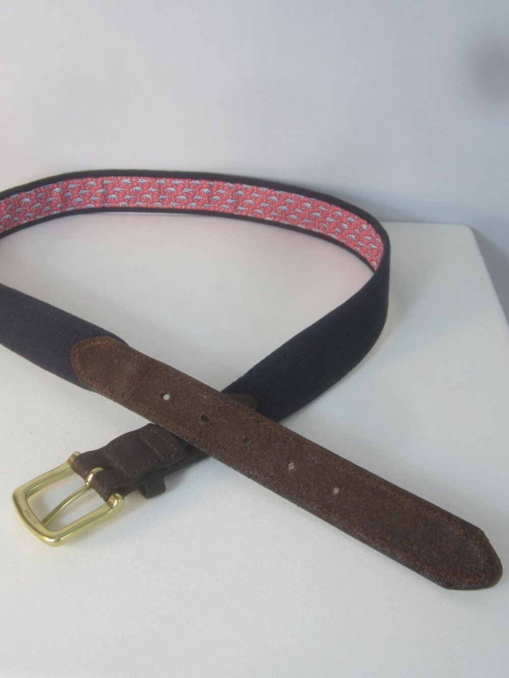Vineyard Vines Belt 36 Navy Pink Brown Leather Shark Belt Brass Bu 34 - 38 - Picture 4 of 10